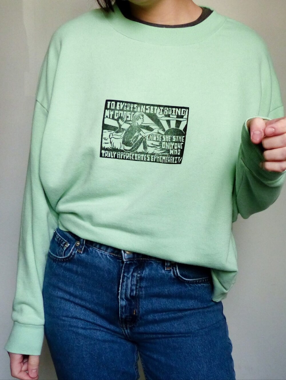 Mint Green- Goose Graphic Crewneck Sweater- Linocut Print